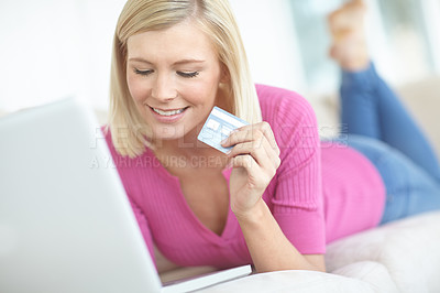 Buy stock photo Woman, laptop and home account with credit card, online shopping and secure checkout of order. Female person, retail therapy and electronic transaction on couch, ecommerce and upgrade membership