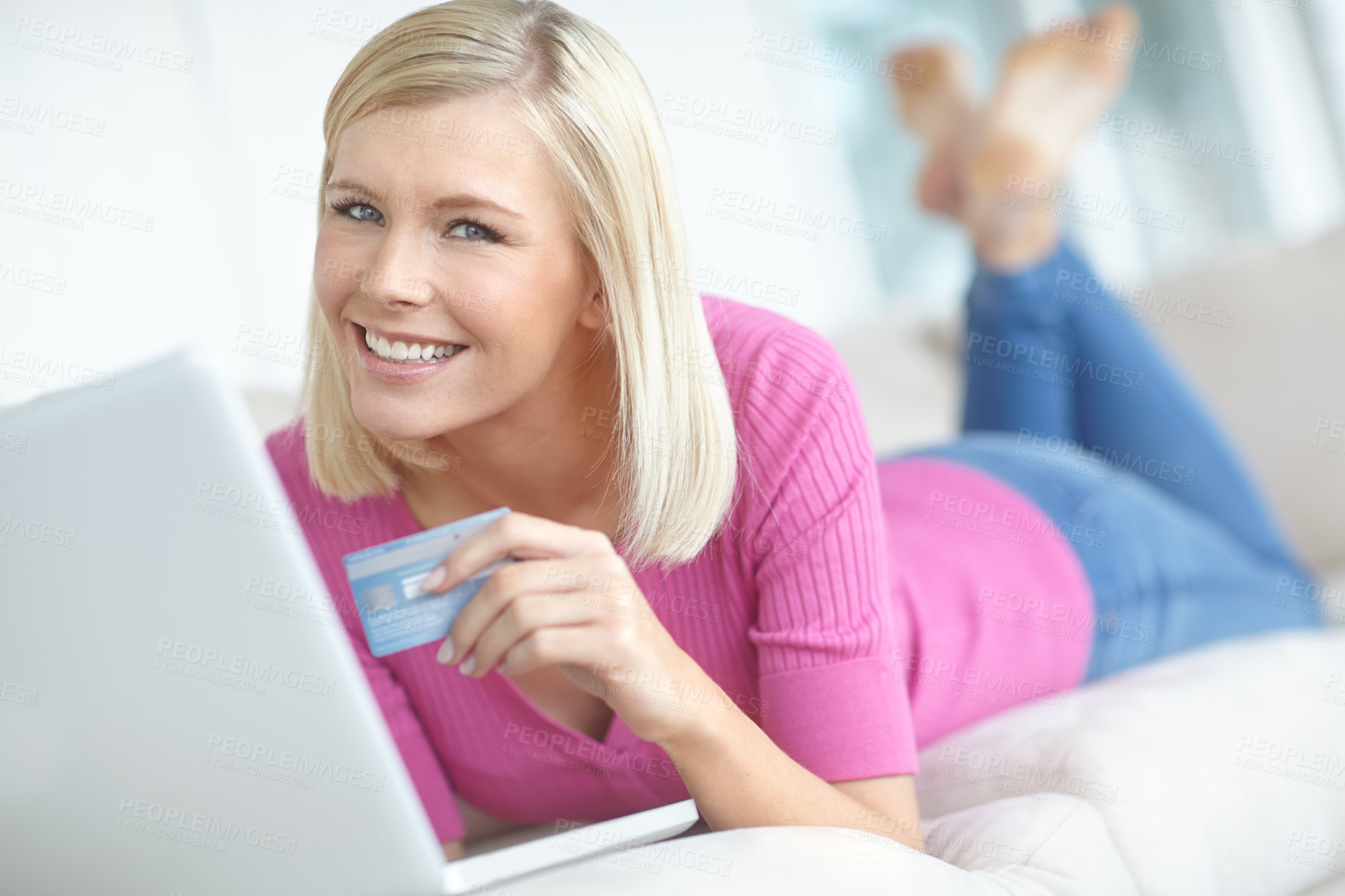 Buy stock photo Sofa, woman and portrait with laptop for credit card, digital banking and success for ecommerce at home. Couch, female person and happy with debit for transaction, online shopping or payment in house