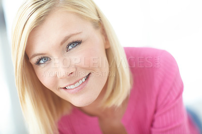 Buy stock photo Portrait, break or happy woman in house to relax in lounge with confidence or smile on weekend. Living room, face or positive female person with peace in apartment for resting or good mood in Germany