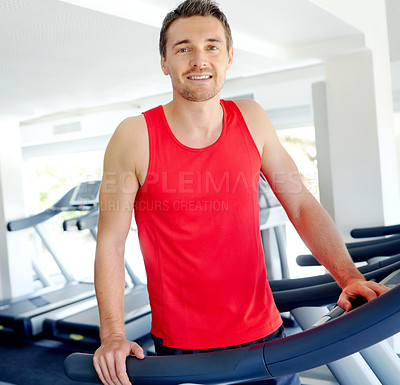 Buy stock photo Man, fitness and portrait with treadmill for training, workout or cardio exercise in gym. Runner, athlete or sports person ready with equipment for endurance, body goals and wellness in health club