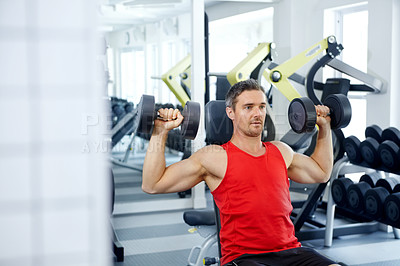 Buy stock photo Bodybuilder, fitness and mirror with dumbbells for exercise, workout or muscle training in gym. Man, athlete or sports person ready with equipment for strength, body goals and health club wellness