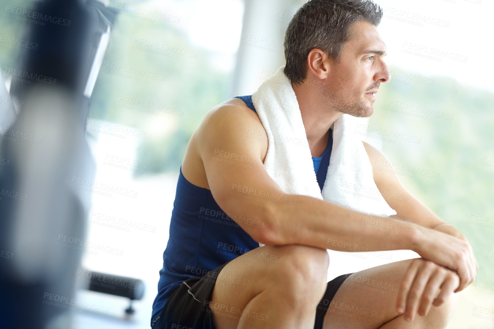 Buy stock photo Tired, man or thinking on break in gym exercise, workout or training with fatigue, towel or fitness. Sports, relax or exhausted male athlete resting for heath ideas, burnout recovery or breathing