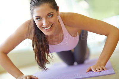 Buy stock photo Gym, woman and portrait with push ups for fitness, bicep exercise and muscle development with workout. Health club, female person and bodybuilder with smile for training, wellness and build strength