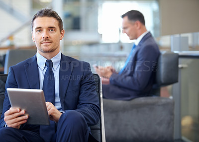 Buy stock photo Corporate, portrait or businessman with tablet in office building for communication, networking or reading blog news. Focus, employee or manager with smartphone social media, social network strategy