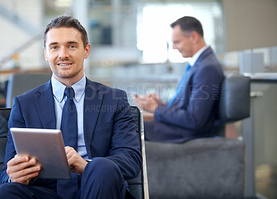 Buy stock photo Corporate, portrait or travel businessman with tablet for invest strategy, finance growth or financial review. Airport, smile or manager for networking, tax data analysis or economy data research
