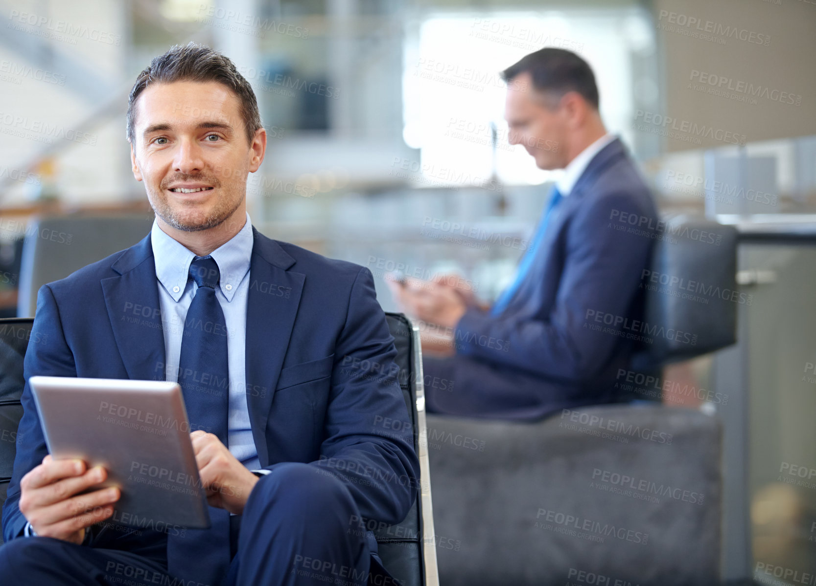 Buy stock photo Corporate, portrait or travel businessman with tablet for invest strategy, finance growth or financial review. Airport, smile or manager for networking, tax data analysis or economy data research

