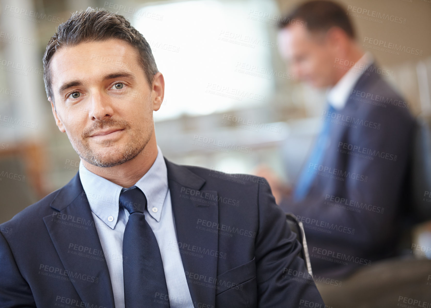 Buy stock photo Portrait, face or business man in airport lobby, lounge or office building with career mindset, business meeting or sales presentation. CEO, corporate or professional male focus, ready or confident