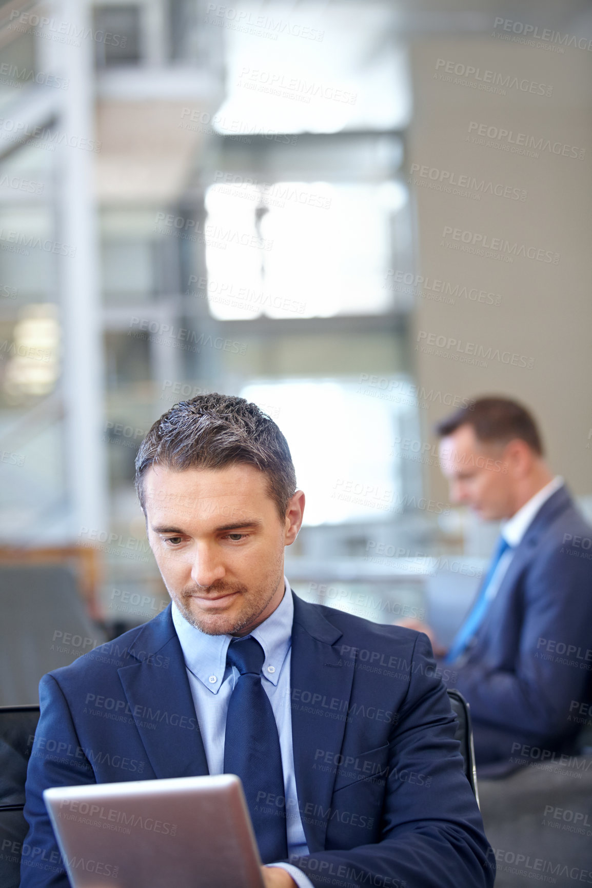 Buy stock photo Relax, tablet and networking with businessman in lounge  of corporate company for search, internet and contact. Communication, planning and idea with men in lobby for technology, goal and email