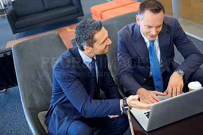 Buy stock photo Teamwork, corporate or business men with laptop planning company growth, ideas and research in top view. Team, happy or corporate employee in office lounge for collaboration, search web or meeting