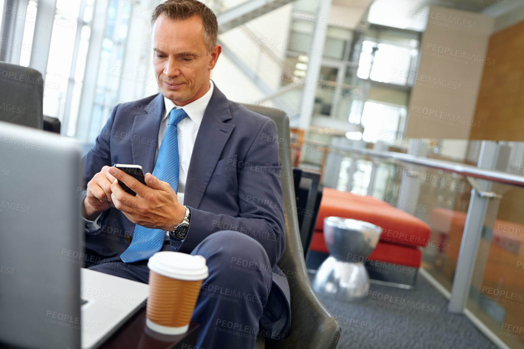 Buy stock photo Businessman, laptop and smartphone with senior and ceo company communication or social media with coffee. Contact, online and email with networking, b2b and worker in professional corporate lounge