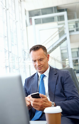 Buy stock photo Ceo, mature businessman with smartphone and company communication or social media, working with laptop and coffee. Contact, online and email with networking and worker and professional man