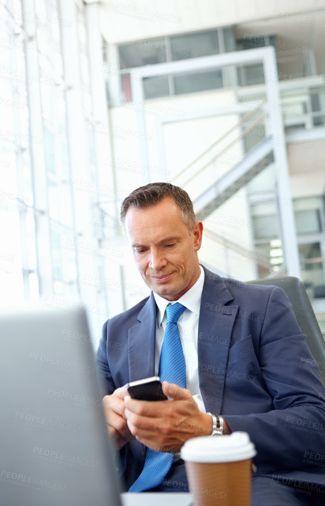 Buy stock photo Ceo, mature businessman with smartphone and company communication or social media, working with laptop and coffee. Contact, online and email with networking and worker and professional man