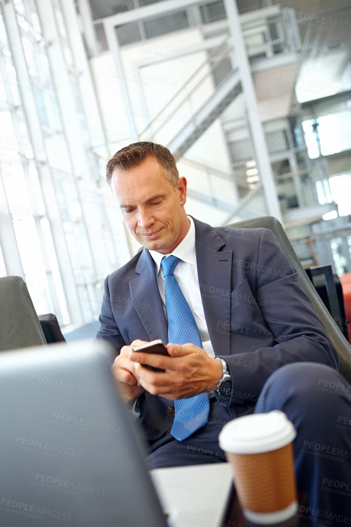 Buy stock photo Business man, corporate travel and smartphone with senior executive and company communication with networking. Contact, online and email with CEO traveling to conference and waiting at airport