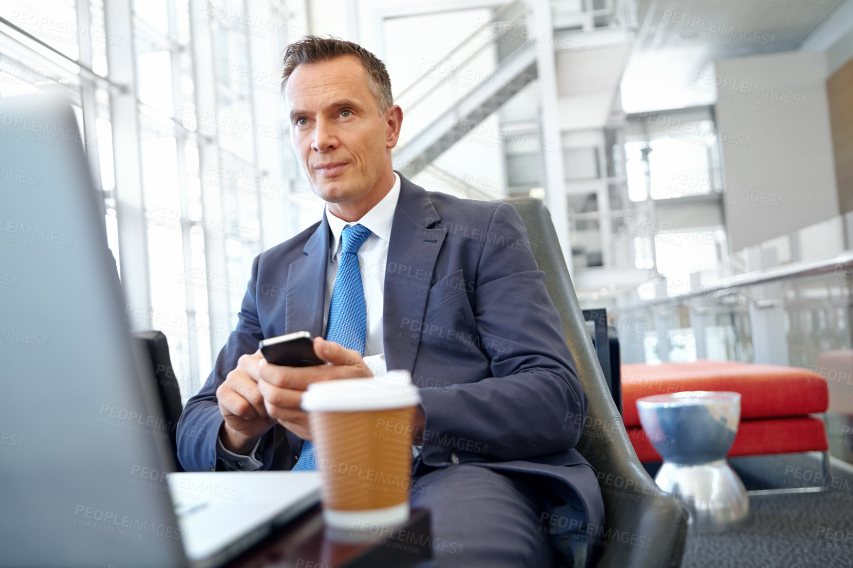 Buy stock photo Thinking, corporate or business man with phone in office for communication, social networking or content blog review. Coffee, laptop or manager with smartphone for social media, search or mobile app