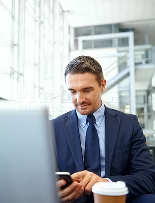 Buy stock photo Businessman, travel with phone and communication, focus and ready for business trip in airport corporate lounge. Man, online and email networking with conference, work traveling and professional
