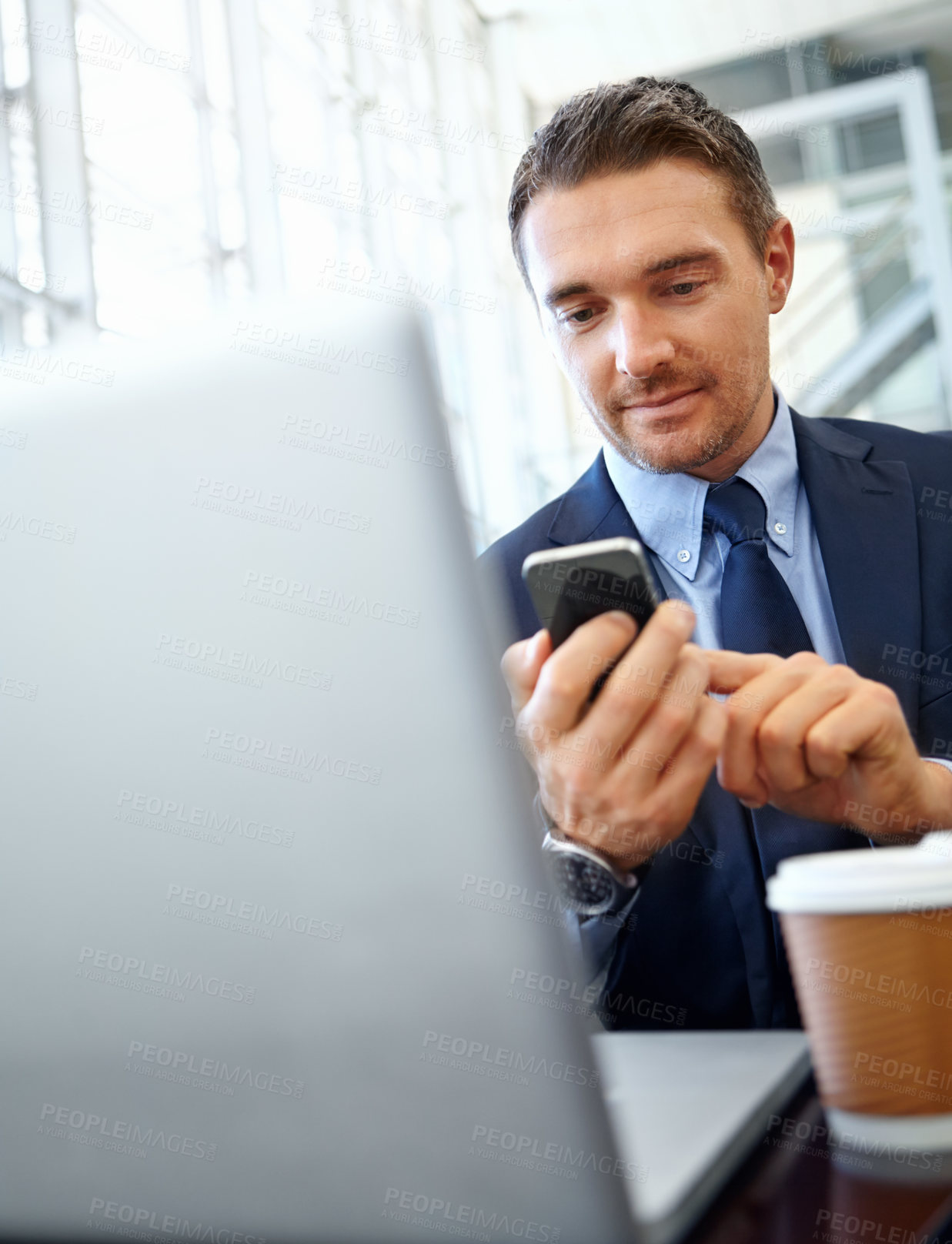 Buy stock photo Businessman, smartphone and technology with networking with company communication or social media scroll. Contact, online and email, phone and typing with employee in professional corporate lounge