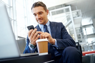 Buy stock photo Businessman with phone, communication and social media, executive in corporate lounge with technology and coffee Contact, man online and email networking and management with b2b and social network