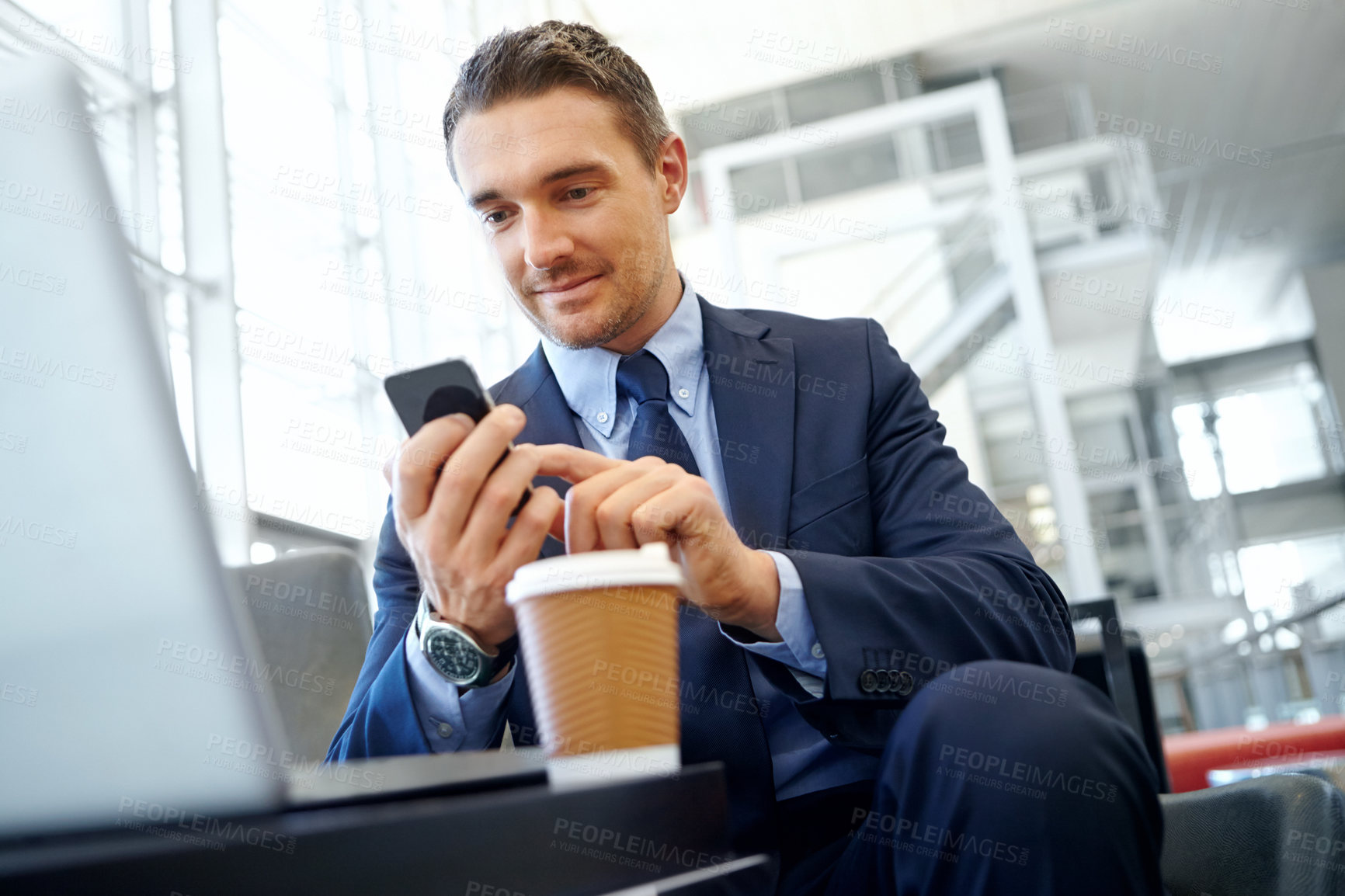 Buy stock photo Businessman with phone, communication and social media, executive in corporate lounge with technology and coffee Contact, man online and email networking and management with b2b and social network