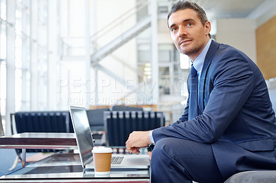 Buy stock photo CEO or business man thinking in airport with laptop for invest strategy, stock market finance or financial review. Corporate professional waiting on sofa with tech doing research on economy