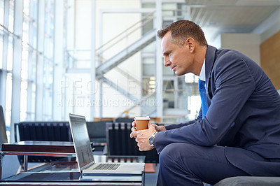 Buy stock photo News, coffee focus and businessman with a laptop for work, communication and internet. Business, working and man reading email, information and corporate chat on a computer with tea in an office