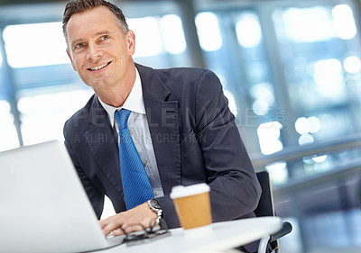 Buy stock photo Idea, thinking or business man with laptop for invest accounting, finance growth or financial review. Happy CEO, research or manager or person in an office building planning or working on economy