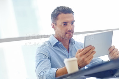 Buy stock photo Corporate, thinking or businessman with tablet in airport lobby for communication, networking or news blog read. Focus, travel or manager with tech for social media app, social network or web search
