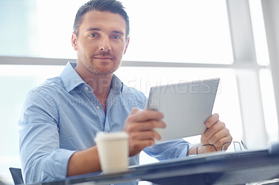 Buy stock photo Corporate, portrait or business man with tablet in office for communication, professional networking or blog news. Focus, employee or manager with technology for social media and online search