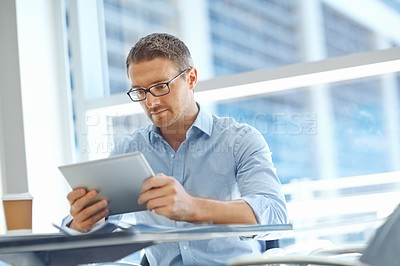 Buy stock photo Thinking, planning or business man with tablet for invest strategy, finance growth or financial review. Coffee or manager in office building for collaboration, data analysis or economy data research
