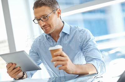 Buy stock photo Research, corporate or business man with tablet planning a finance review at an airport lobby before travel while having coffee. CEO reading about trading, economy and stocks news on website or app