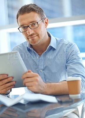 Buy stock photo Portrait, businessman and tablet for connection, corporate deal and company success. Male entrepreneur, boss or ceo with device, digital marketing or online reading for advertising campaign and ideas