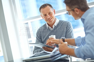 Buy stock photo Happy corporate or business people in airport for global invest strategy, finance growth or financial review. Travel, smile or manager in lobby for social media, data analysis or economy research