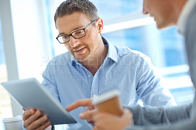 Buy stock photo Tablet, collaboration or business people with research in airport lobby on invest strategy, finance growth or financial audit. CEO or manager on tech planning, social media or network blog networking