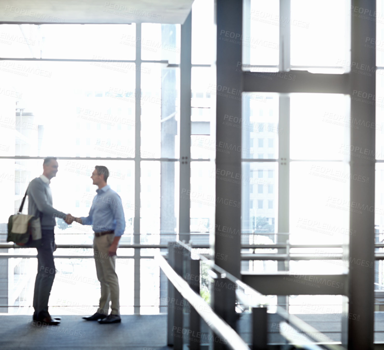 Buy stock photo Business people, handshake or greeting in hotel lobby, modern office or airport lounge in CRM team meeting. Corporate men, employees or shaking hands in partnership deal, collaboration or agreement