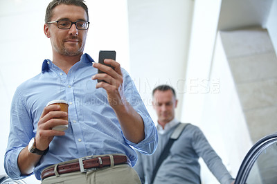 Buy stock photo Travel, corporate or businessman with phone in airport for investment strategy, finance growth or financial review. CEO or manager on smartphone for planning, data analysis or economy data research