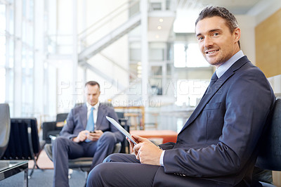 Buy stock photo Portrait, corporate or business man with tablet for invest strategy, finance growth or financial review. Smile, airport or manager in lobby on sofa for travel, data analysis or economy data research