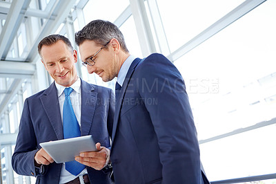 Buy stock photo Corporate, research or business people with tablet planning company strategy, finance growth or financial review. Teamwork, happy or employee in office for collaboration, data analysis or idea search