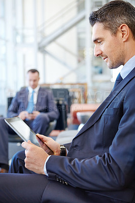 Buy stock photo Relax, tablet and networking with businessman in lounge  of corporate company for search, internet and contact. Communication, planning and idea with employee in lobby for technology, goal and email