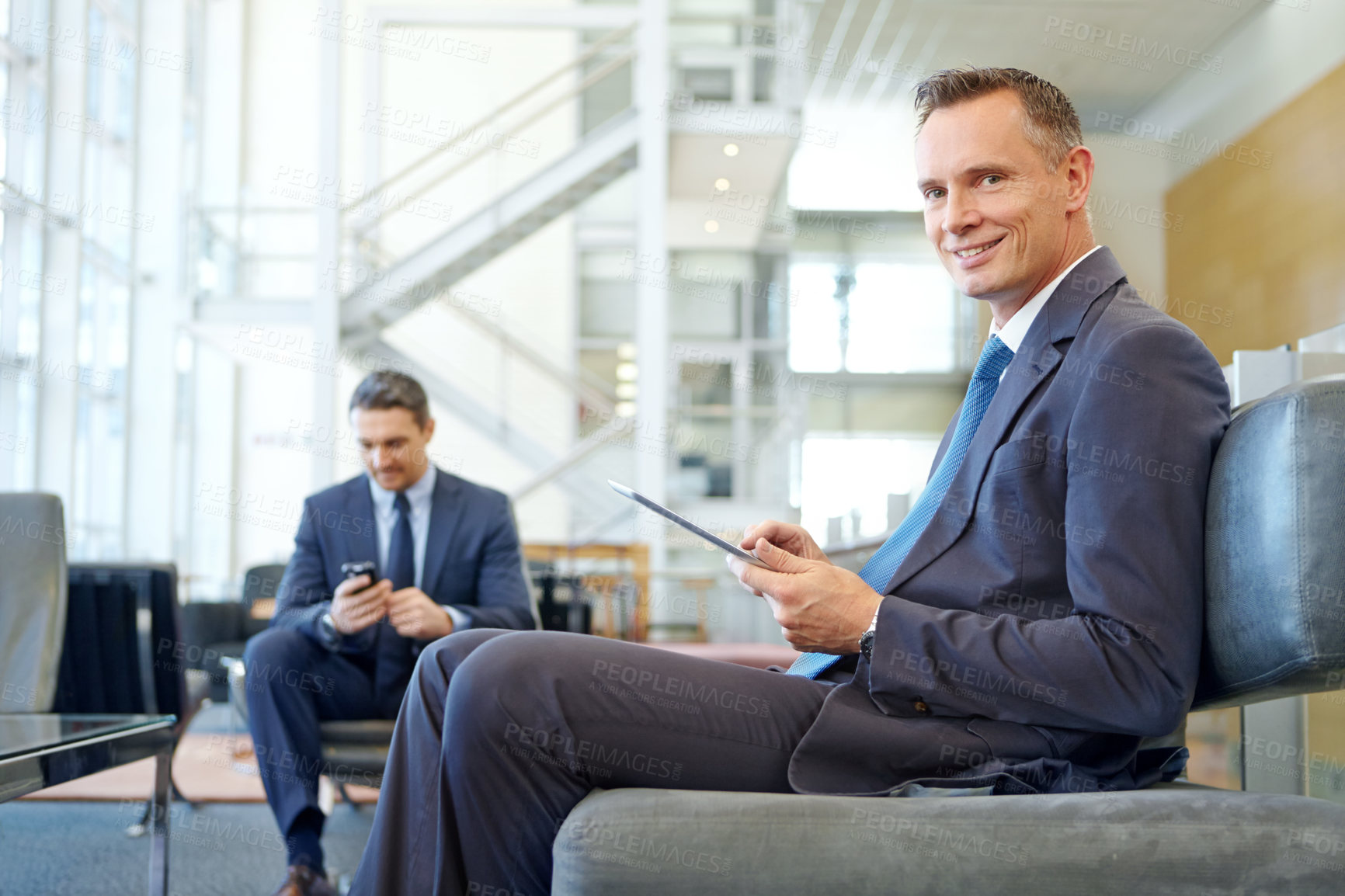 Buy stock photo Happy, portrait or business man with tablet for invest strategy, finance growth or financial review. Travel, smile or employee in airport for collaboration, data analysis or economy data research