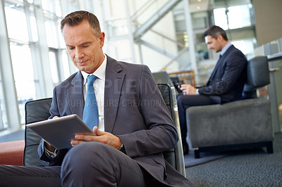 Buy stock photo Hotel, tablet and networking with businessman in lounge  of corporate company for search, internet and contact. Communication, planning and idea with men in lobby for technology, goal and email