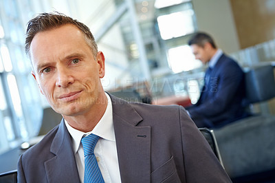 Buy stock photo Portrait, corporate travel and business man in airport, hotel or office building lobby and career mindset for opportunity. Professional manager, CEO or serious person for company or work leadership