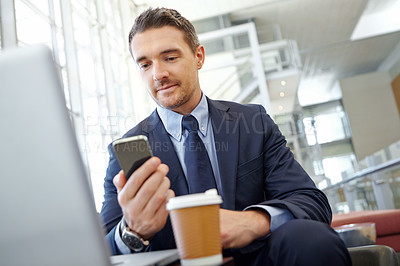 Buy stock photo Businessman, reading on smartphone with communication and technology, notification on social media or email. Executive male and business contact, networking and ceo in corporate lounge