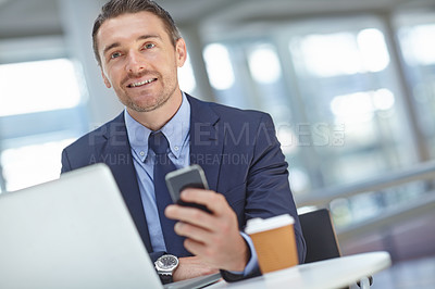 Buy stock photo Accountant, phone or business man in airport for global invest strategy, finance growth or financial review. Manager, smile or travel male in lobby for social media, data analysis or economy research