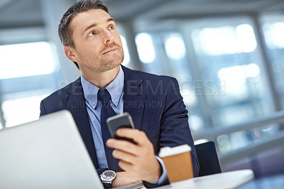 Buy stock photo Thinking, phone or business man in hotel lounge for global invest strategy, finance growth or financial review. Idea, travel or manager in lobby for social media, data analysis or economy research