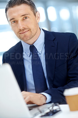 Buy stock photo Portrait, corporate or businessman with laptop for invest strategy, finance growth or financial success. Male person, CEO or manager at office in planning, data analysis or economy analytics review