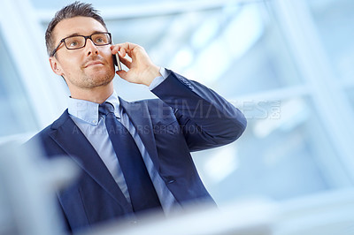 Buy stock photo Airport, communication or corporate man with phone call in lobby for loan, investment or negotiation deal. Travel, standing or manager smartphone for networking, b2b network or mockup communication