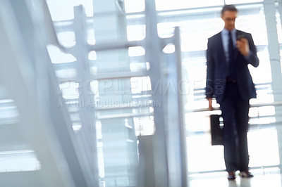 Buy stock photo Blurred, travel or business man with phone for invest strategy, finance growth or financial review. CEO, airport or manager with smartphone for planning, data analysis or economy data web research 