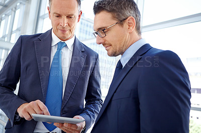 Buy stock photo Teamwork, corporate or business people with tablet planning company strategy, finance growth or financial review. Team building, happy or employee in office for collaboration, data analysis or idea
