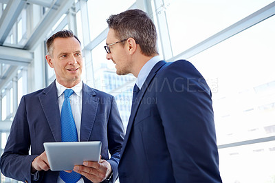 Buy stock photo Collaboration, corporate or business people with tablet planning strategy, finance growth or financial review. Teamwork, touchscreen or employee in office for news review, data analysis or web idea