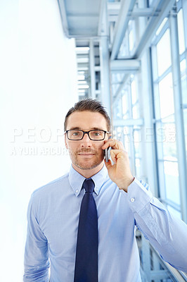 Buy stock photo Corporate, portrait or businessman for phone call for communication, networking or contact in office building. Airport, travel or manager with smartphone for discussion, schedule or conversation