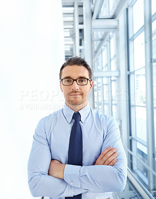 Buy stock photo Portrait, leader and businessman in office building proud, mindset and ambitious, attitude and tough. Face, ceo and leadership by assertive male standing, empowered and confident about vision or idea